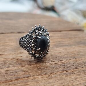 Black Stone Cluster Sterling 925 Silver Cocktail Ring R821 Size 7